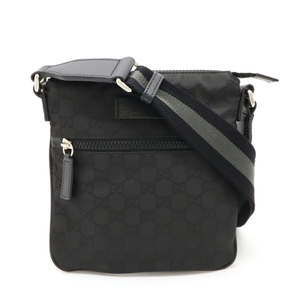 Gucci GG Shoulder Bag Sacoche Crossbody Gusset Leather Black Gray